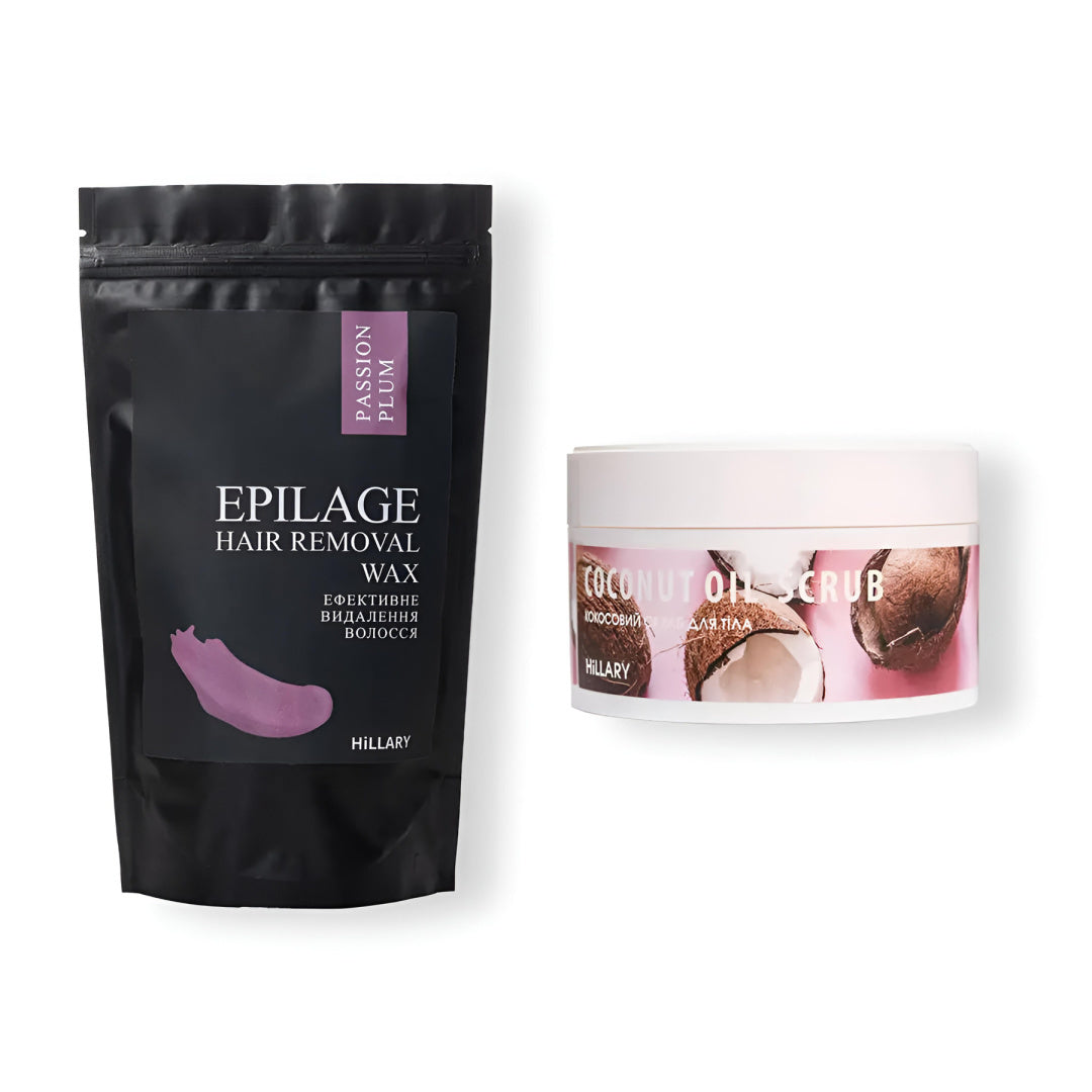 Peeling do ciała kokosowy Hillary Coconut Oil Scrub, 200 g + wosk do depilacji w granulkach Hillary Epilage Passion Plum, 100 g